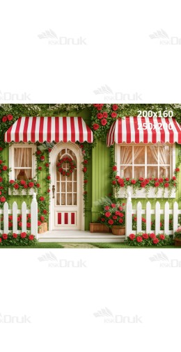 Tło fotograficzne z uroczym domkiem w ogrodzie i ścieżką z kamieni | 3765